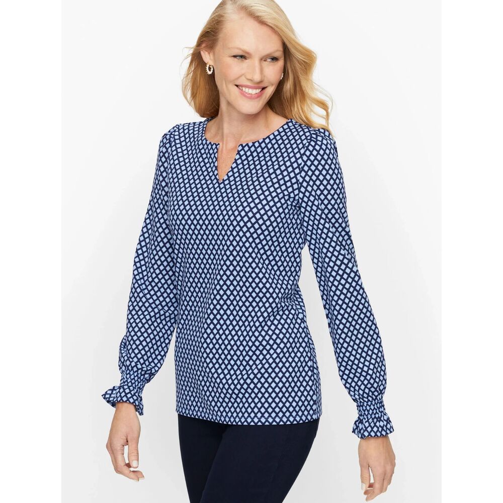 Womens Medium Talbots Smocked Cuff Top - Trellis Print Blue EUC